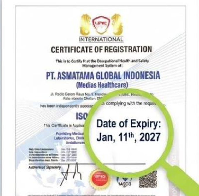Sertifikat ISO 45001:2018 PT Asmatama Global Indonesia